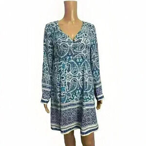 Allen B Allen Schwartz Blue Boho Flowy Paisley Beach Dress Long Sleeve Sz XS EUC